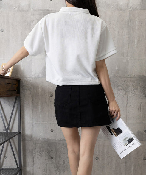 Vネックポロ襟カットソー レディース夏服 半袖ポロシャツ 着やせショート丈カットソー カジュアルスキッパーtシャツ 着回し襟付きトップス 裾ドロストTシャツ韓国風 6YYG-002