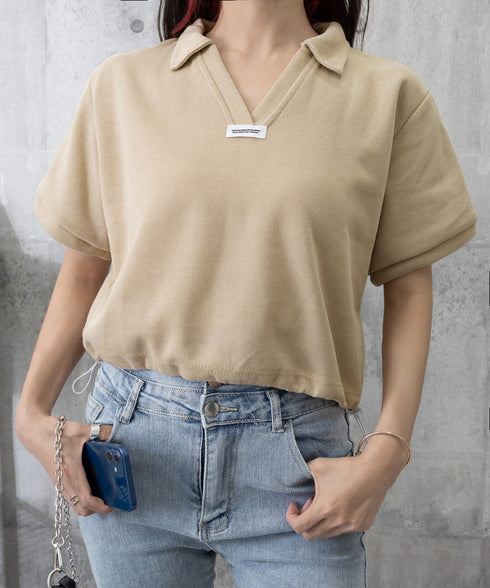 Vネックポロ襟カットソー レディース夏服 半袖ポロシャツ 着やせショート丈カットソー カジュアルスキッパーtシャツ 着回し襟付きトップス 裾ドロストTシャツ韓国風 6YYG-002