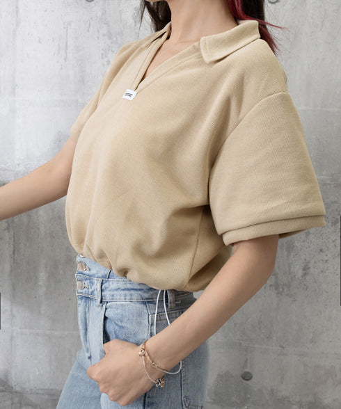 Vネックポロ襟カットソー レディース夏服 半袖ポロシャツ 着やせショート丈カットソー カジュアルスキッパーtシャツ 着回し襟付きトップス 裾ドロストTシャツ韓国風 6YYG-002