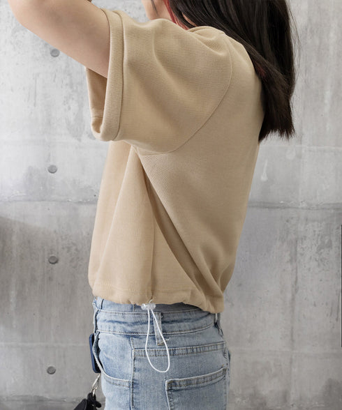 Vネックポロ襟カットソー レディース夏服 半袖ポロシャツ 着やせショート丈カットソー カジュアルスキッパーtシャツ 着回し襟付きトップス 裾ドロストTシャツ韓国風 6YYG-002