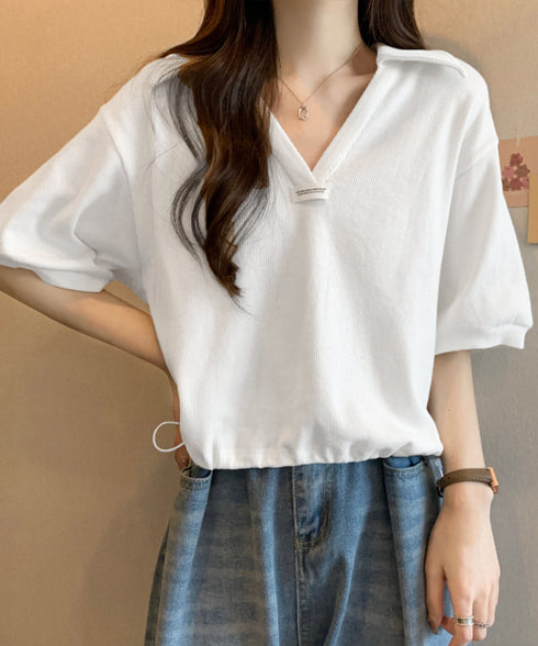 Vネックポロ襟カットソー レディース夏服 半袖ポロシャツ 着やせショート丈カットソー カジュアルスキッパーtシャツ 着回し襟付きトップス 裾ドロストTシャツ韓国風 6YYG-002
