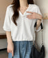 Vネックポロ襟カットソー レディース夏服 半袖ポロシャツ 着やせショート丈カットソー カジュアルスキッパーtシャツ 着回し襟付きトップス 裾ドロストTシャツ韓国風 6YYG-002
