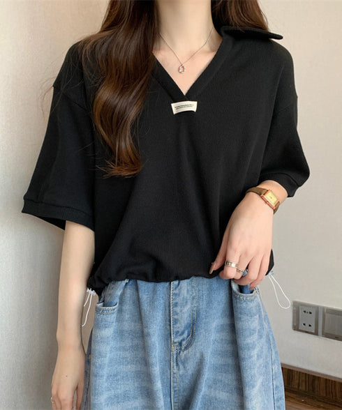 Vネックポロ襟カットソー レディース夏服 半袖ポロシャツ 着やせショート丈カットソー カジュアルスキッパーtシャツ 着回し襟付きトップス 裾ドロストTシャツ韓国風 6YYG-002