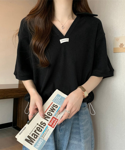 Vネックポロ襟カットソー レディース夏服 半袖ポロシャツ 着やせショート丈カットソー カジュアルスキッパーtシャツ 着回し襟付きトップス 裾ドロストTシャツ韓国風 6YYG-002