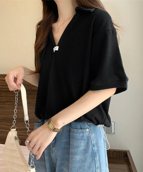 Vネックポロ襟カットソー レディース夏服 半袖ポロシャツ 着やせショート丈カットソー カジュアルスキッパーtシャツ 着回し襟付きトップス 裾ドロストTシャツ韓国風 6YYG-002