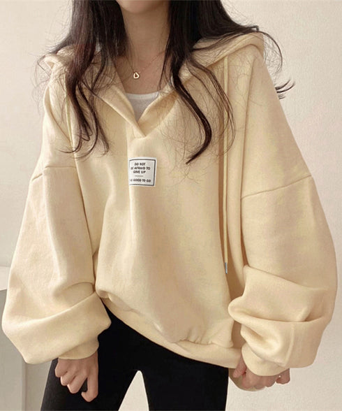 パーカー フード付きVネックプルオーバー レディース ゆったり BF風フーディー ボリューム袖 トレーナー ビッグシルエット スウェット カジュアル ロゴトップス 6YYG-004