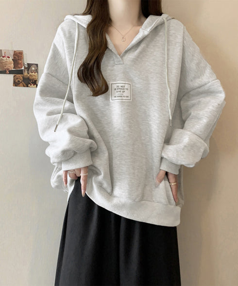 パーカー フード付きVネックプルオーバー レディース ゆったり BF風フーディー ボリューム袖 トレーナー ビッグシルエット スウェット カジュアル ロゴトップス 6YYG-004