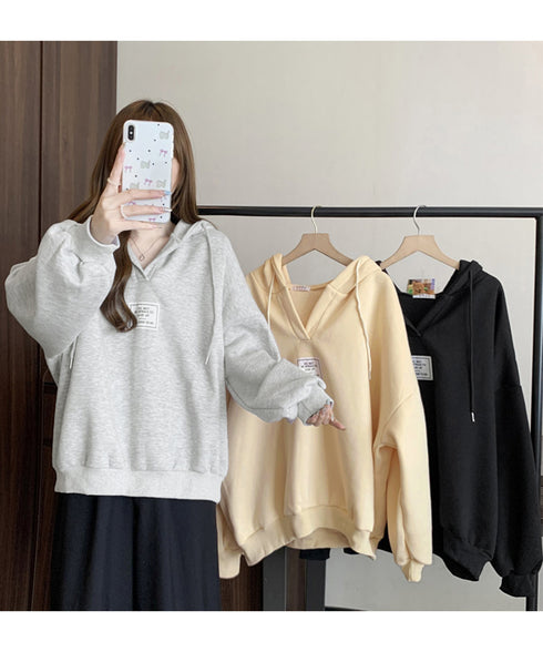 パーカー フード付きVネックプルオーバー レディース ゆったり BF風フーディー ボリューム袖 トレーナー ビッグシルエット スウェット カジュアル ロゴトップス 6YYG-004