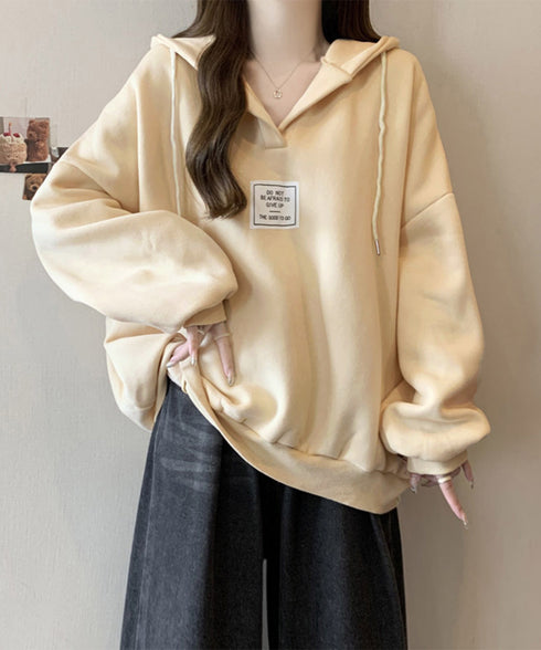 パーカー フード付きVネックプルオーバー レディース ゆったり BF風フーディー ボリューム袖 トレーナー ビッグシルエット スウェット カジュアル ロゴトップス 6YYG-004