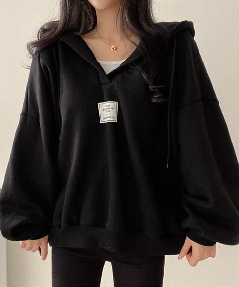 パーカー フード付きVネックプルオーバー レディース ゆったり BF風フーディー ボリューム袖 トレーナー ビッグシルエット スウェット カジュアル ロゴトップス 6YYG-004