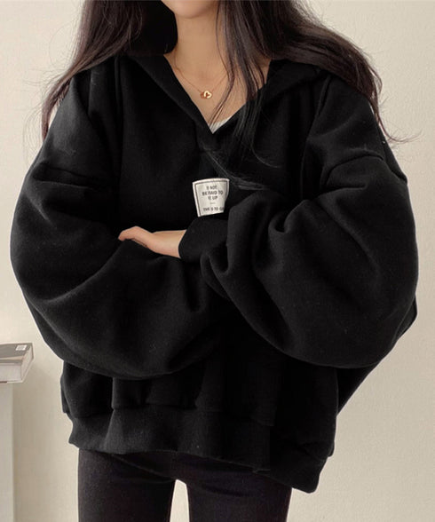 パーカー フード付きVネックプルオーバー レディース ゆったり BF風フーディー ボリューム袖 トレーナー ビッグシルエット スウェット カジュアル ロゴトップス 6YYG-004