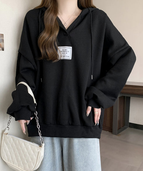 パーカー フード付きVネックプルオーバー レディース ゆったり BF風フーディー ボリューム袖 トレーナー ビッグシルエット スウェット カジュアル ロゴトップス 6YYG-004