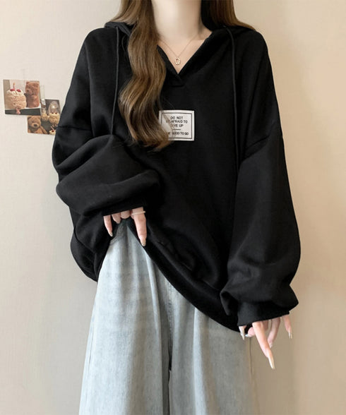 パーカー フード付きVネックプルオーバー レディース ゆったり BF風フーディー ボリューム袖 トレーナー ビッグシルエット スウェット カジュアル ロゴトップス 6YYG-004
