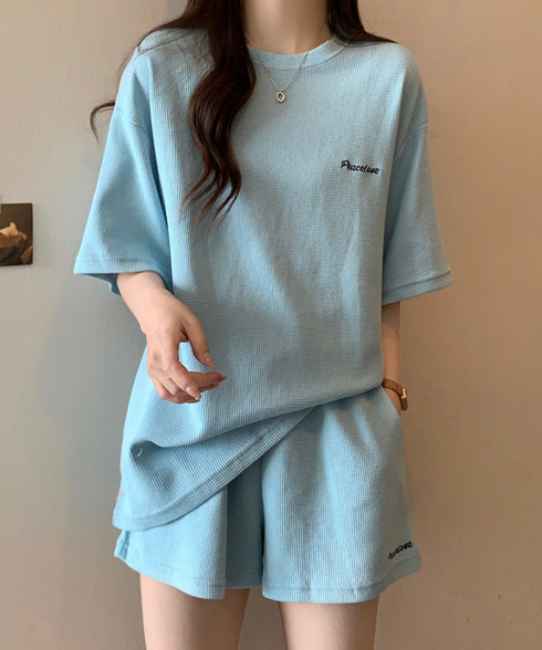 半袖tシャツ ショートパンツセットアップ レディース ワッフル部屋着2点セット 体型カバー夏服着やせ 大人カジュアルスウェットセット ロゴカットソー 短パン 快適 6YYG-006