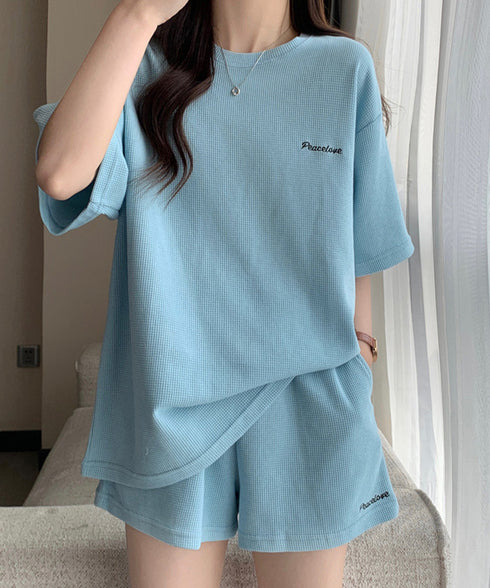 半袖tシャツ ショートパンツセットアップ レディース ワッフル部屋着2点セット 体型カバー夏服着やせ 大人カジュアルスウェットセット ロゴカットソー 短パン 快適 6YYG-006