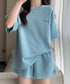 半袖tシャツ ショートパンツセットアップ レディース ワッフル部屋着2点セット 体型カバー夏服着やせ 大人カジュアルスウェットセット ロゴカットソー 短パン 快適 6YYG-006