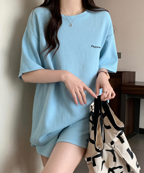 半袖tシャツ ショートパンツセットアップ レディース ワッフル部屋着2点セット 体型カバー夏服着やせ 大人カジュアルスウェットセット ロゴカットソー 短パン 快適 6YYG-006