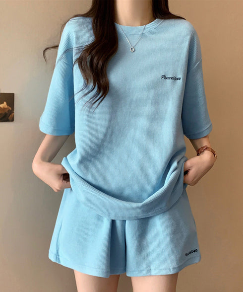 半袖tシャツ ショートパンツセットアップ レディース ワッフル部屋着2点セット 体型カバー夏服着やせ 大人カジュアルスウェットセット ロゴカットソー 短パン 快適 6YYG-006