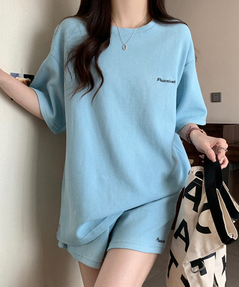 半袖tシャツ ショートパンツセットアップ レディース ワッフル部屋着2点セット 体型カバー夏服着やせ 大人カジュアルスウェットセット ロゴカットソー 短パン 快適 6YYG-006