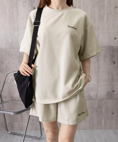 半袖tシャツ ショートパンツセットアップ レディース ワッフル部屋着2点セット 体型カバー夏服着やせ 大人カジュアルスウェットセット ロゴカットソー 短パン 快適 6YYG-006
