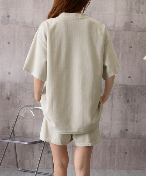 半袖tシャツ ショートパンツセットアップ レディース ワッフル部屋着2点セット 体型カバー夏服着やせ 大人カジュアルスウェットセット ロゴカットソー 短パン 快適 6YYG-006