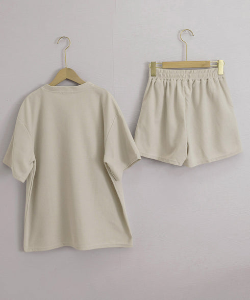 半袖tシャツ ショートパンツセットアップ レディース ワッフル部屋着2点セット 体型カバー夏服着やせ 大人カジュアルスウェットセット ロゴカットソー 短パン 快適 6YYG-006