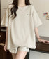 半袖tシャツ ショートパンツセットアップ レディース ワッフル部屋着2点セット 体型カバー夏服着やせ 大人カジュアルスウェットセット ロゴカットソー 短パン 快適 6YYG-006
