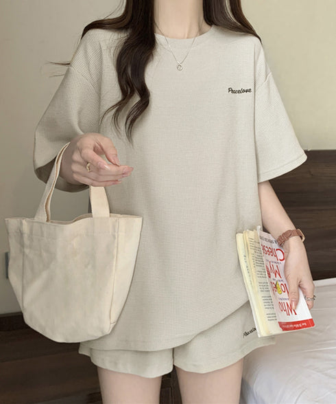 半袖tシャツ ショートパンツセットアップ レディース ワッフル部屋着2点セット 体型カバー夏服着やせ 大人カジュアルスウェットセット ロゴカットソー 短パン 快適 6YYG-006