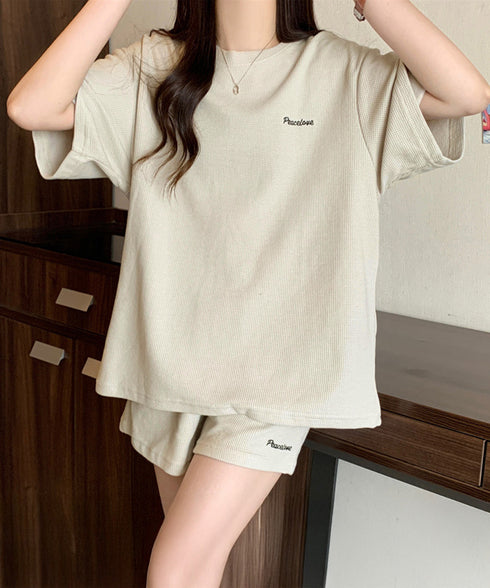 半袖tシャツ ショートパンツセットアップ レディース ワッフル部屋着2点セット 体型カバー夏服着やせ 大人カジュアルスウェットセット ロゴカットソー 短パン 快適 6YYG-006