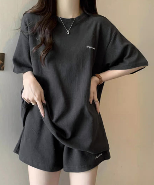 半袖tシャツ ショートパンツセットアップ レディース ワッフル部屋着2点セット 体型カバー夏服着やせ 大人カジュアルスウェットセット ロゴカットソー 短パン 快適 6YYG-006