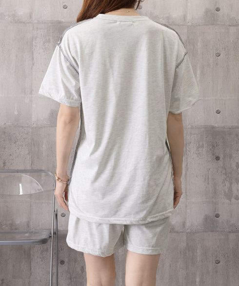 Tシャツショートパンツ 2点セットアップ レディース カジュアスウェットセット 体型カバー着やせ ステッチデザインリラックスウエア 半袖部屋着夏 ワンマイルウェア 6YYG-007