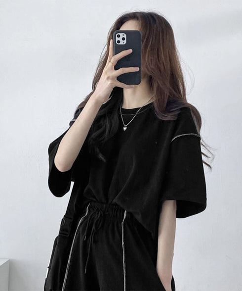 Tシャツショートパンツ 2点セットアップ レディース カジュアスウェットセット 体型カバー着やせ ステッチデザインリラックスウエア 半袖部屋着夏 ワンマイルウェア 6YYG-007