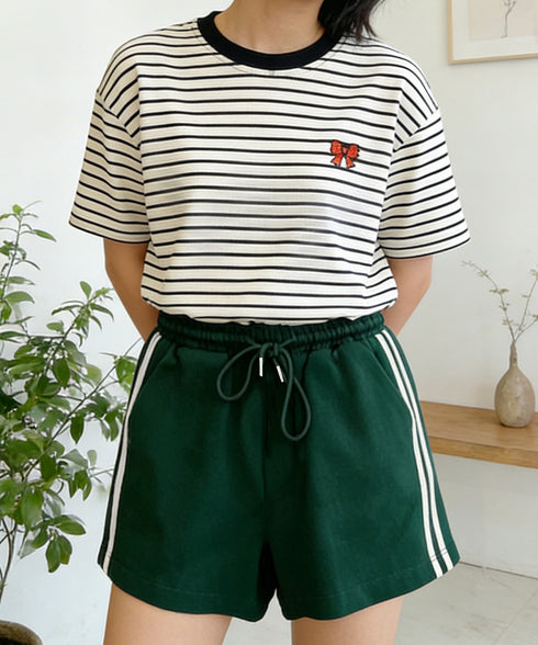 スウェットショートパンツサイドライン夏服 カジュアル スポーティー短パン 美脚脚長ハーフパンツ ゆったり夏ボトムス リラックス着やせ 楽ちんハイウエストショーパン 6YYG-008