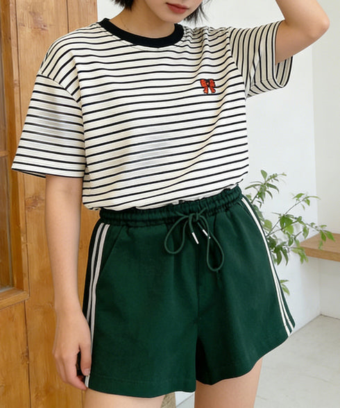 スウェットショートパンツサイドライン夏服 カジュアル スポーティー短パン 美脚脚長ハーフパンツ ゆったり夏ボトムス リラックス着やせ 楽ちんハイウエストショーパン 6YYG-008
