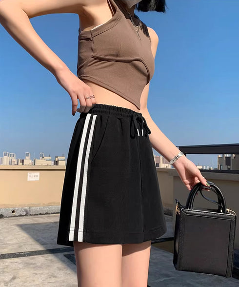 スウェットショートパンツサイドライン夏服 カジュアル スポーティー短パン 美脚脚長ハーフパンツ ゆったり夏ボトムス リラックス着やせ 楽ちんハイウエストショーパン 6YYG-008