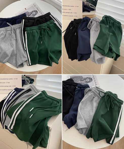 スウェットショートパンツサイドライン夏服 カジュアル スポーティー短パン 美脚脚長ハーフパンツ ゆったり夏ボトムス リラックス着やせ 楽ちんハイウエストショーパン 6YYG-008