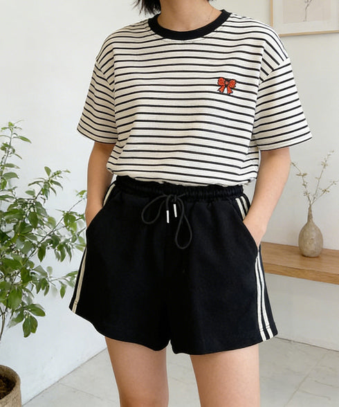 スウェットショートパンツサイドライン夏服 カジュアル スポーティー短パン 美脚脚長ハーフパンツ ゆったり夏ボトムス リラックス着やせ 楽ちんハイウエストショーパン 6YYG-008