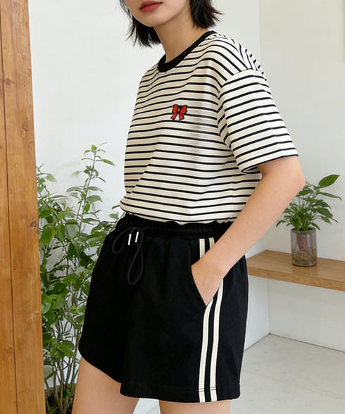 スウェットショートパンツサイドライン夏服 カジュアル スポーティー短パン 美脚脚長ハーフパンツ ゆったり夏ボトムス リラックス着やせ 楽ちんハイウエストショーパン 6YYG-008