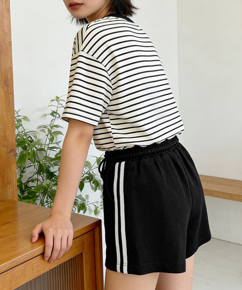 スウェットショートパンツサイドライン夏服 カジュアル スポーティー短パン 美脚脚長ハーフパンツ ゆったり夏ボトムス リラックス着やせ 楽ちんハイウエストショーパン 6YYG-008