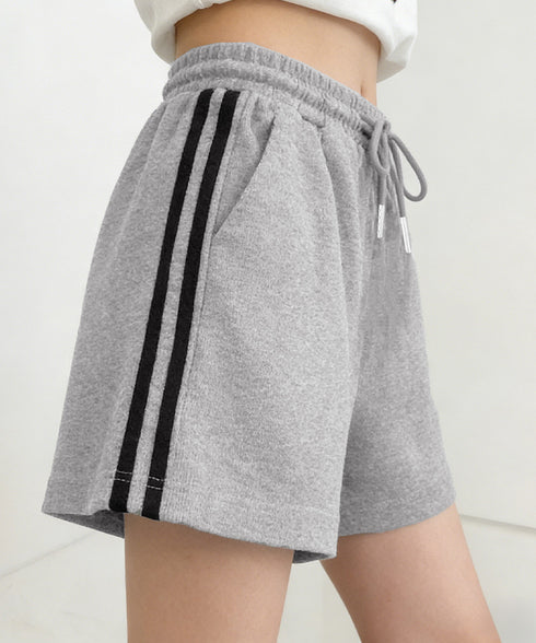 スウェットショートパンツサイドライン夏服 カジュアル スポーティー短パン 美脚脚長ハーフパンツ ゆったり夏ボトムス リラックス着やせ 楽ちんハイウエストショーパン 6YYG-008