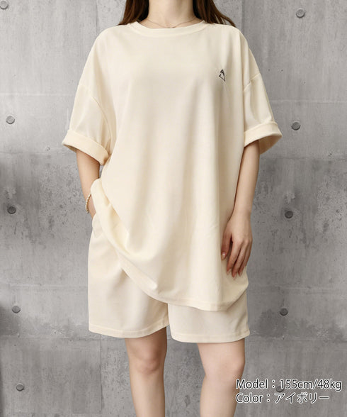 ワンポイントロゴTシャツセットアップ夏服 ゆったり半袖トップス ショートパンツ上下セット リラックスルームウェア カジュアル ワンマイルウェア 韓国風 大人可愛い 6YYG-009