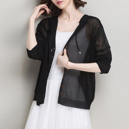 ニットパーカー 長袖 サマーカーディガン フード付き ニットカーディガン レディース 夏服 無地 ニットトップス 紫外線対策 薄手 透け感 羽織 大人 韓国 6ZIAN-001