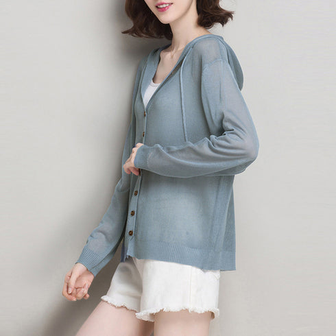 ニットパーカー 長袖 サマーカーディガン フード付き ニットカーディガン レディース 夏服 無地 ニットトップス 紫外線対策 薄手 透け感 羽織 大人 韓国 6ZIAN-001