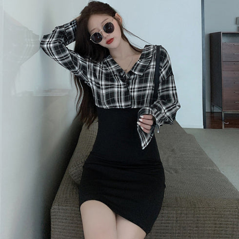 チェックシャツワンピース 韓国 おしゃれ ウエストマーク ドッキングワンピース レディース セクシー 異素材切り替えワンピース ミニ カジュアル ワンピース 長袖 6ZMREN-006