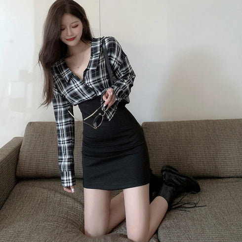 チェックシャツワンピース 韓国 おしゃれ ウエストマーク ドッキングワンピース レディース セクシー 異素材切り替えワンピース ミニ カジュアル ワンピース 長袖 6ZMREN-006