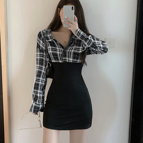 チェックシャツワンピース 韓国 おしゃれ ウエストマーク ドッキングワンピース レディース セクシー 異素材切り替えワンピース ミニ カジュアル ワンピース 長袖 6ZMREN-006