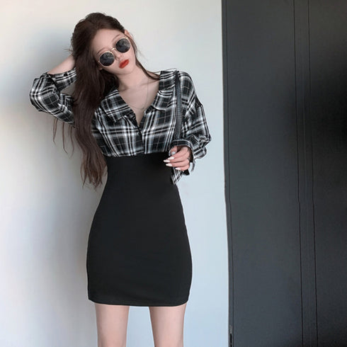 チェックシャツワンピース 韓国 おしゃれ ウエストマーク ドッキングワンピース レディース セクシー 異素材切り替えワンピース ミニ カジュアル ワンピース 長袖 6ZMREN-006