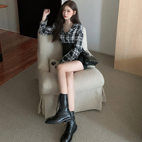 チェックシャツワンピース 韓国 おしゃれ ウエストマーク ドッキングワンピース レディース セクシー 異素材切り替えワンピース ミニ カジュアル ワンピース 長袖 6ZMREN-006