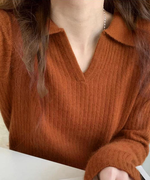 スキッパーニット韓国風リブニットトップス 暖かい Vネックニットレディースきれいめ おしゃれニット長袖 リブセーターオフィスカジュアル 洗えるニットチクチクしない 6ZMREN-008