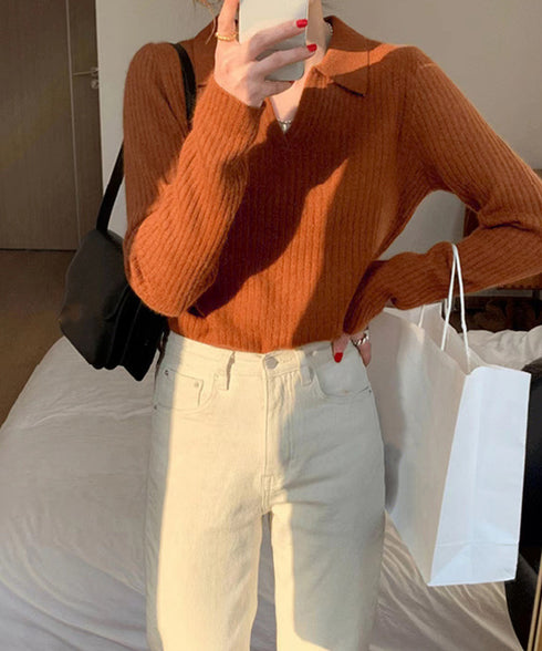 スキッパーニット韓国風リブニットトップス 暖かい Vネックニットレディースきれいめ おしゃれニット長袖 リブセーターオフィスカジュアル 洗えるニットチクチクしない 6ZMREN-008